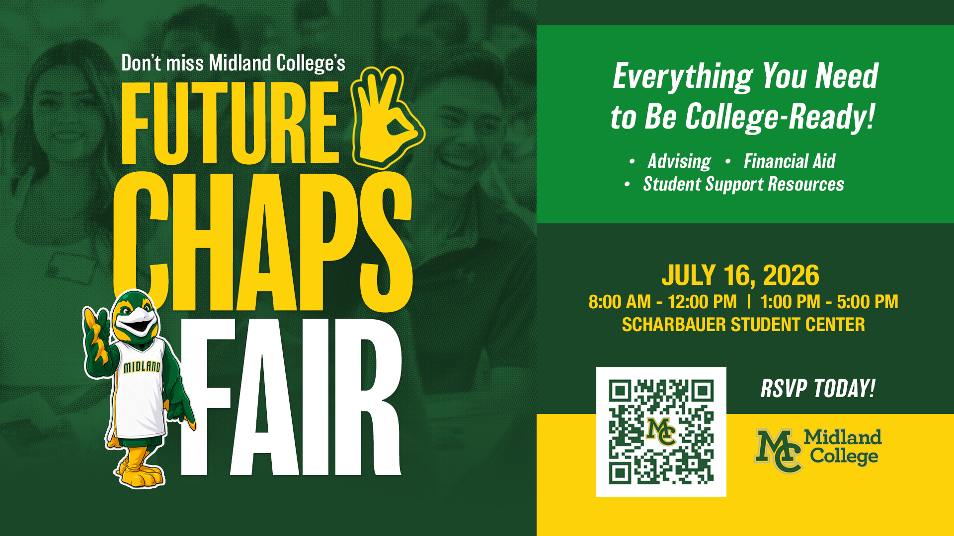 Don't miss Midland College's Future Chaps Fair on Thursday, July 16 from 8 am to 12 pm or 1 pm to 5 pm