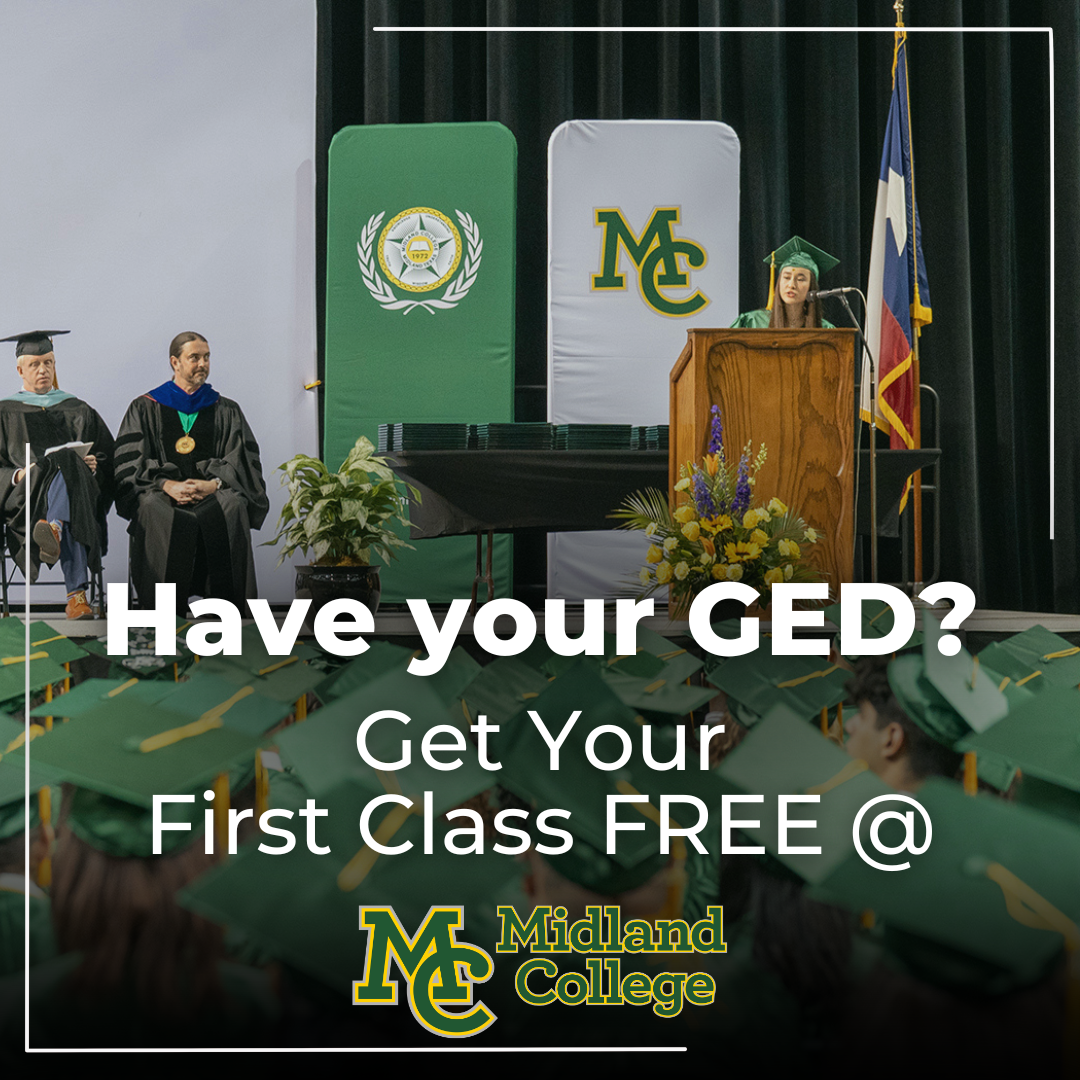 The image to use for this article. Listing image managed through RSS tab. Midland College has launched a new initiative for the fall 2024 semester offering GED graduates their first college course for free in an effort to foster educational and career advancement for GED graduates. The program is open to any resident in the college's service area who has completed a GED program through Midland College or another entity and not previously completed college coursework.