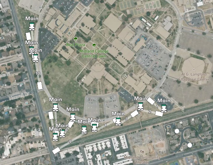 Midland College disc golf course map showing basket locations and hole layout across campus. The Midland College Disc Golf Course is located along the west side of campus adjacent to N. Garfield Street and continues around the south side of campus, parallel to W. Wadley Avenue.